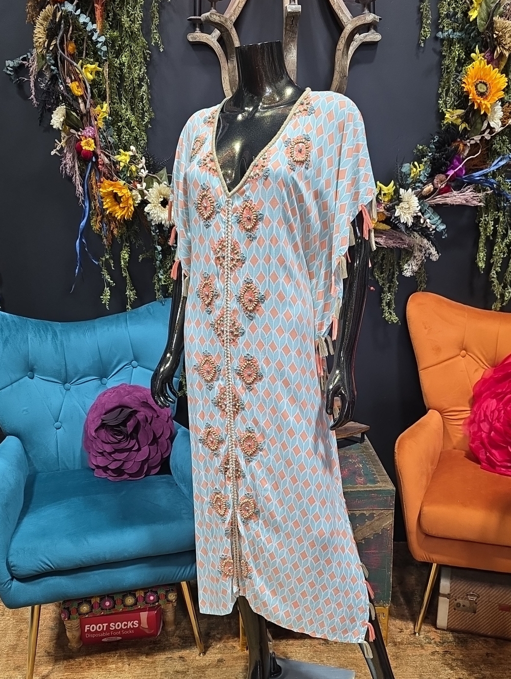 Skemo Light Blue and Coral Embellished Maxi Caftan